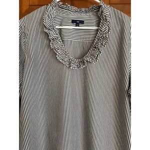 Gap‎ Womens Ruffle Shirt XXL Black/White Striped Long Sleeve Classic Preppy